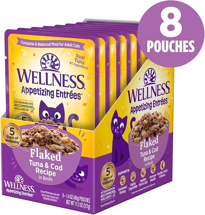 Wellness Appetizing Entrées Flaked Adult Wet Cat Food, Natural, Protein Rich, Grain Free, Tuna and Cod Recipe, 1.4 oz, Pack of 8 Pouches