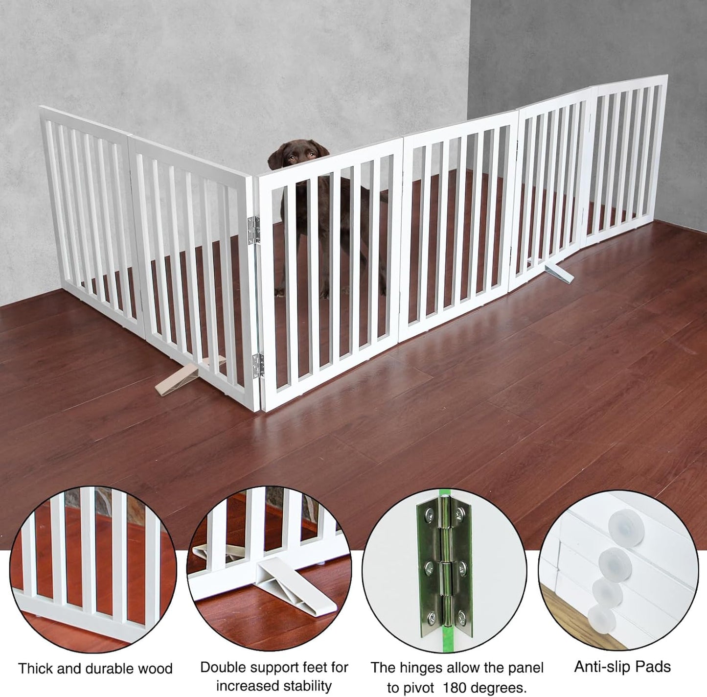 ZJSF Freestanding Indoor Dog Gate for House Foldable Wood White Puppy Gate for Doorways Pet Gate for Stairs Extra Wide Pet Fence 32" Height 6 Panels