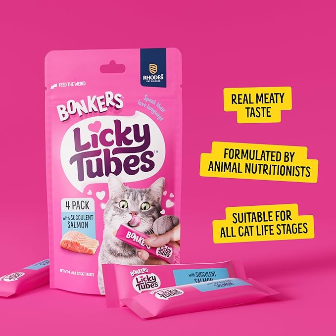 Bonkers Licky Tubes Salmon Flavored Wet Lickable Treats for Cats, 4 Pack (Pack of 15)