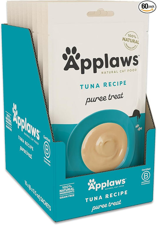 Applaws Lickable Cat Treats, Natural Grain-Free Purée, Made with Limited and Natural Ingredients, No Artificial Additives, Tuna Squeeze Up Cat Treats (60 x 0.5 oz Sachets)