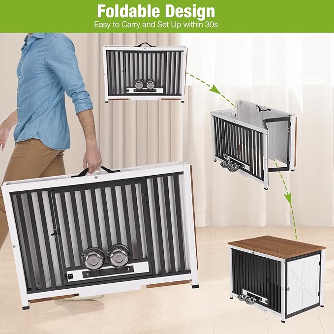 GUTINNEEN Expandable Foldable Dog Crate Furniture with 360° Rotating Bowls, Large Solid Wood Dog Crate End Table, Chew-Resistant Frame, Connectable Design for Larger Space, 39.4" L (Left Crate)