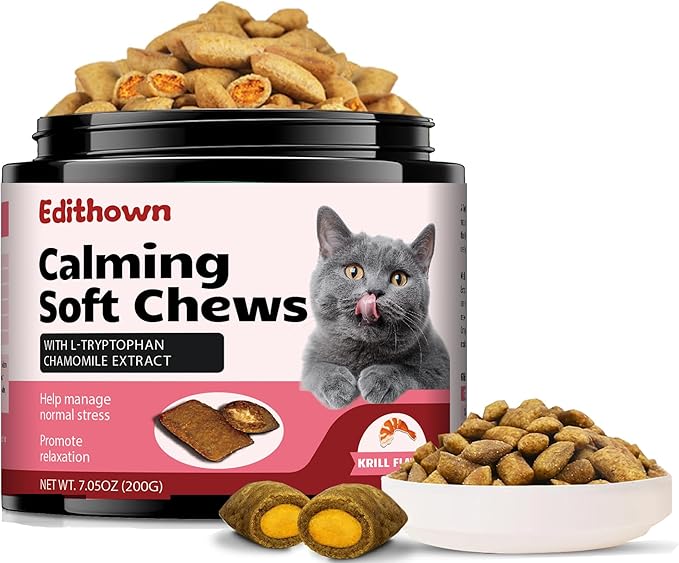Cat Calming Treats,500 Crunchy Creamy Cat Chews,Melatonin for Storms, Travel, Separation - Krill Flavor