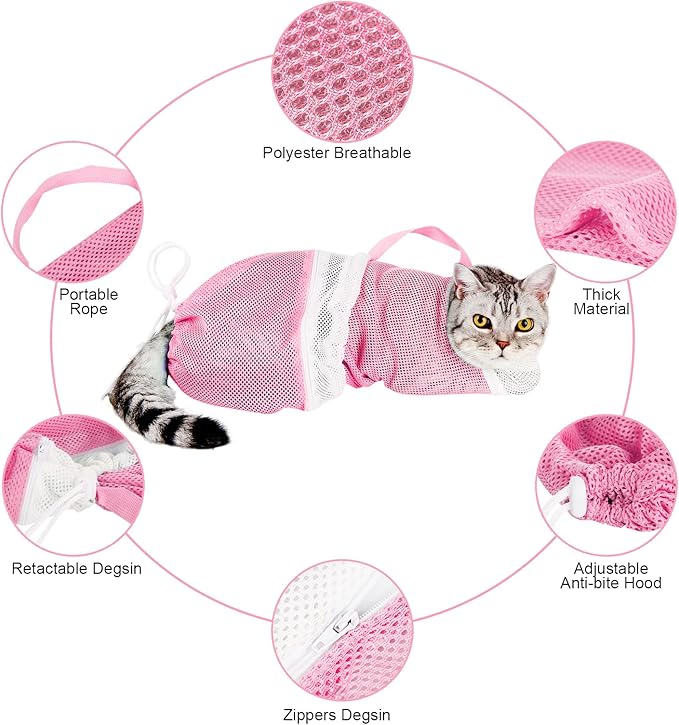 Cat Bathing Bag Adjustable Cat Grooming Net Bag Anti-Bite & Anti-Scratch Cat Bath Washing Restraint Bag, Breathable Mesh Cat Grooming Bag for Shower, Nail Trimming, Injection