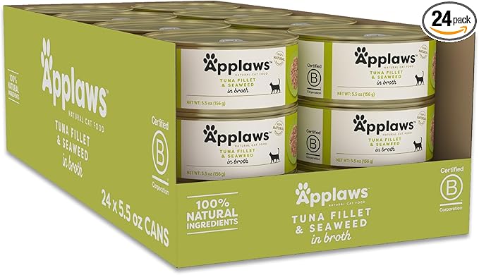 Applaws Natural Wet Cat Food, 24 Count, Limited Ingredient Canned Wet Cat Food, Tuna Fillet with Seaweed in Broth, 5.5oz Cans