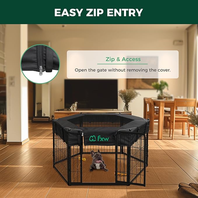 FXW Homeplus Indoor Dog Playpen with Hexagon Mesh Top Cover for Escape Prevention, 24 Inch 6 Panels Heavy Duty Dog Pen for Puppies and Small Dogs, Black│Patented