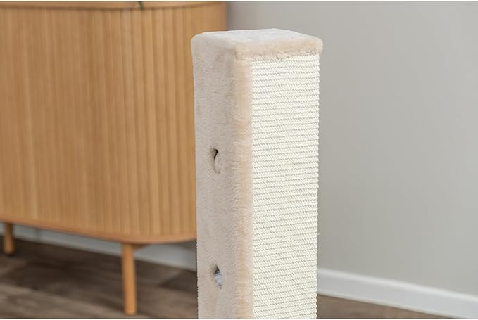 TRIXIE Soria Cat Scratching Post 31.5 Inch - Scratcher With Soft Fabric Covering Base and Durable Sisal Rope - Peek-a-Boo Cutouts, Hide and Seek Toy - in Greige