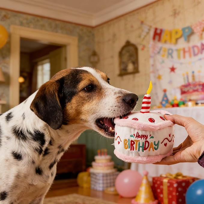 Dog Birthday Toy Pup Cake Puppy Plush Squeak and Crinkle Gift for Small Medium Pet (White)