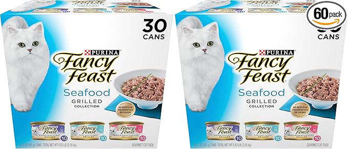 Fancy Feast Purina Grilled Wet Cat Food Seafood Collection in Wet Cat Food Variety Pack - 3 oz. Cans,(Pack of 60)