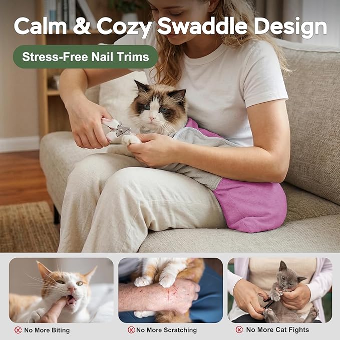 Cat Wrap for Cutting Nails, Self-Adhesive Cat Nail Clipping Restraint Bag, Anti-Scratch Cat Grooming Swaddle for Meds, SubQ Fluids, Ear Cleaning, Teeth Brushing & Vet Visits,Pinkish Purple,L