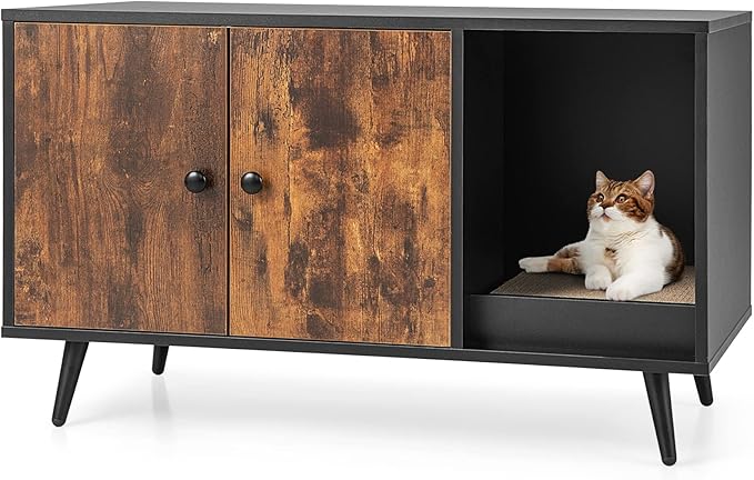 PETSITE Litter Box Enclosure, Wooden Hidden Litter Box Furniture with Cabinet & Scratching Pad, Stackable Cat Washroom Pet House End Table