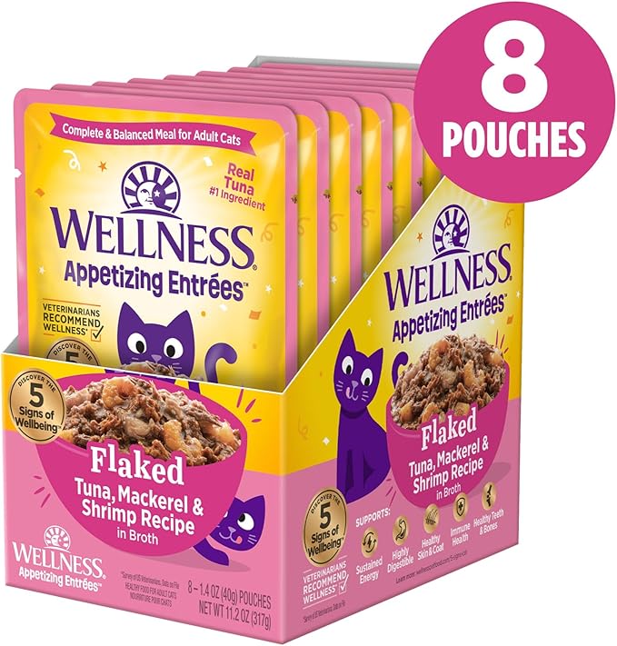 Wellness Appetizing Entrées Flaked Adult Wet Cat Food, Natural, Protein-Rich, Grain Free, 1.4 Ounce Pouch, 8 Pack (Tuna, Mackerel, Shrimp Recipe)