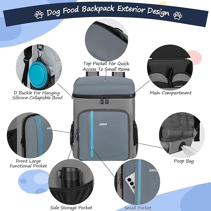 ANILD Dog Travel Bag Backpack, Flight-Ready TSA-Approved Dog Travel Bag with 2 Leak-Proof Food Canisters, 5 Foldable Silicone Bowls, Multi-Compartment Organizer for Hiking, Camping, Dog Mom Essentials