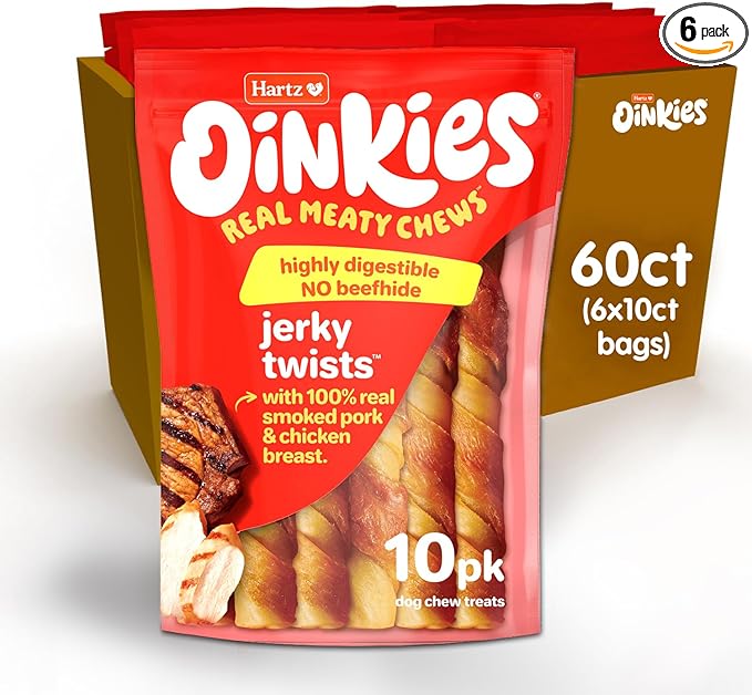 Hartz Oinkies Smoked Pig Skin Chicken Jerky Twists Dog Treats, 10 Count (Pack of 6) (Packaging May Vary)
