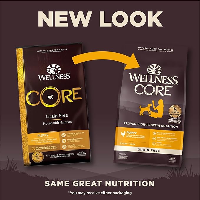 Wellness CORE Puppy Dry Dog Food, Grain Free Kibble, Natural, High Protein, Chicken and Turkey Recipe, 4 lb Bag