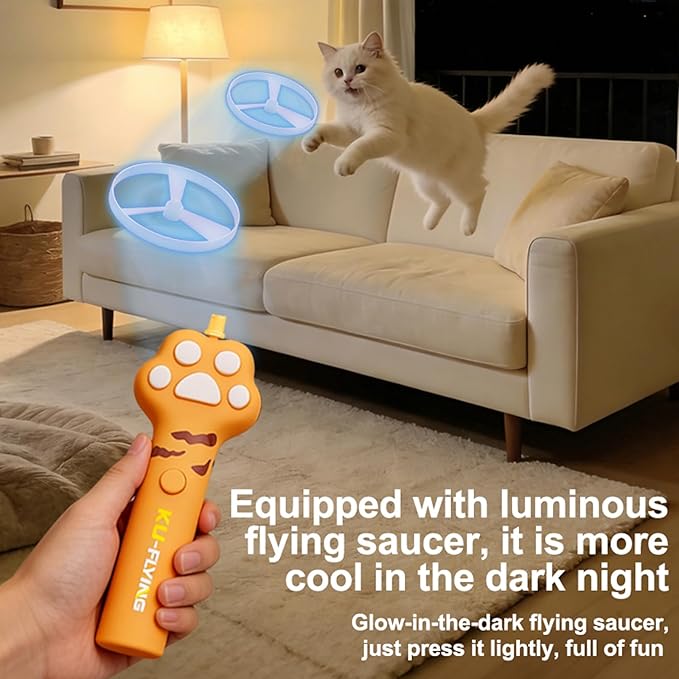 Cat & Small Dog Disc Launcher Toy, Rechargeable Flying Spinner Fetch Interactive Pet Toy with LED Lights, Adjustable Launch Control for Indoor Outdoor Play (Yellow)