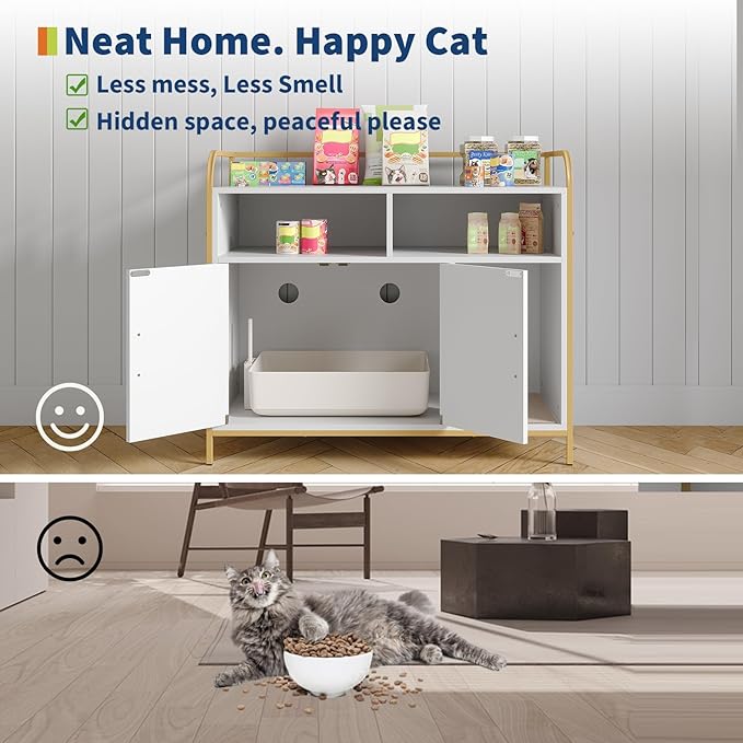 Garvee Cat Litter Box Enclosure Furniture Wooden Hidden Indoor Cat Washroom House Cabinet with 2 Open Compartments Scratching Mat Double Door Storage Cabinet Front Entry Air Vents Metal Frame