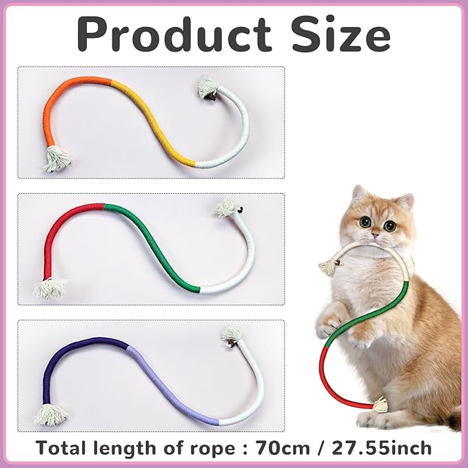 Andiker Cotton Rope Toys, 27.55Inches Color Blocking Cotton Rope Toys, Safe Cat Toys Teething Chew for Boredom and Stimulating (Orange+Yellow+Beige)