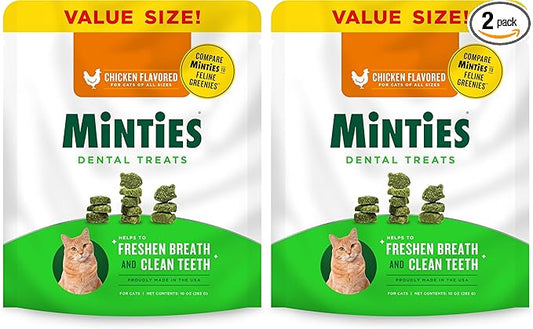 Minties Dental Treats for Cats, Chicken Flavored Treats for Cats, Freshens Breath and Controls Tartar, 10oz (Pack of 2)