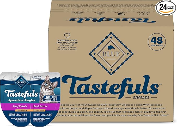 Blue Buffalo Tastefuls Spoonless Singles Natural Wet Cat Food Paté, 2.6-oz Twin-Pack Trays, Beef Entreé (24 Count)