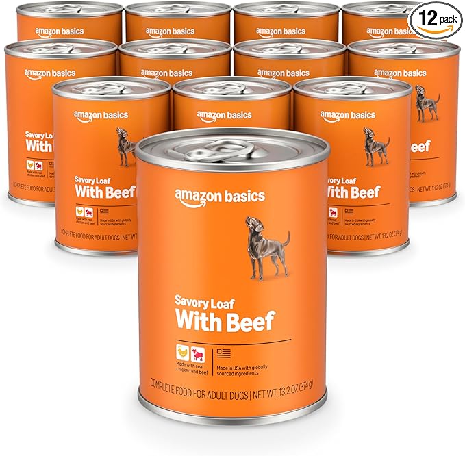 Amazon Basics Wet Dog Food, Savory Loaf with Beef, Made with Real Beef and Chicken 13.2 oz can (Pack of 12)