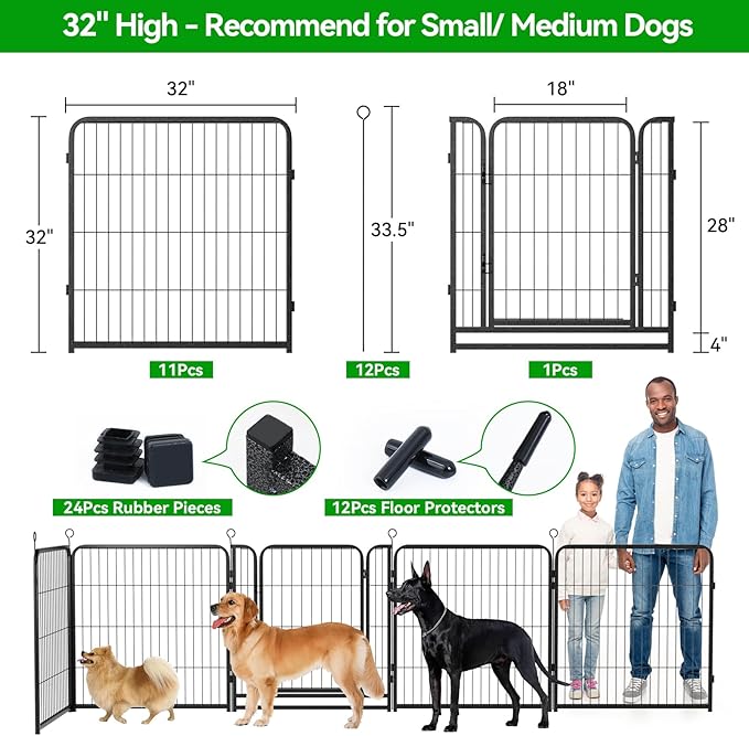 Kfvigoho Dog Playpen Outdoor Extra Wide 12 Piece Panels Heavy Duty Dog Fence 32" Height Anti-Rust with Doors Portable for RV Camping Yard, Total 32FT, 79 Sq.ft, Snowy Black