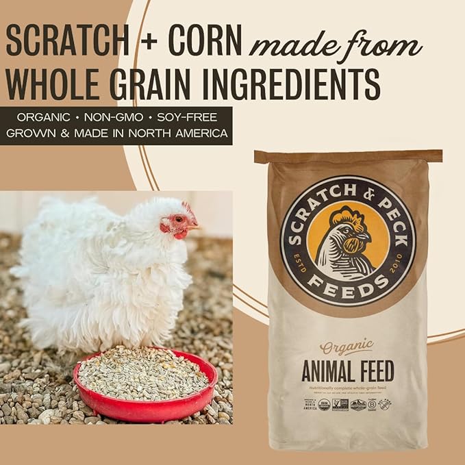 Scratch and Peck Feeds Whole Grain Scratch + Corn Chicken and Duck Supplemental Grain - 25 lbs Bag - Soy-Free - 9% Protein, Certified Organic and Non-GMO Project Verified Chicken Food