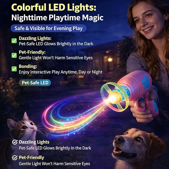 Bamboo Dragonfly Catapult Launcher, Flying Disk Launcher Toy,7 Piece Cat Fetch Toys,Interactive Flying Cat Toy for Pet Exercise & Night Play,with LED Glow (Blue)