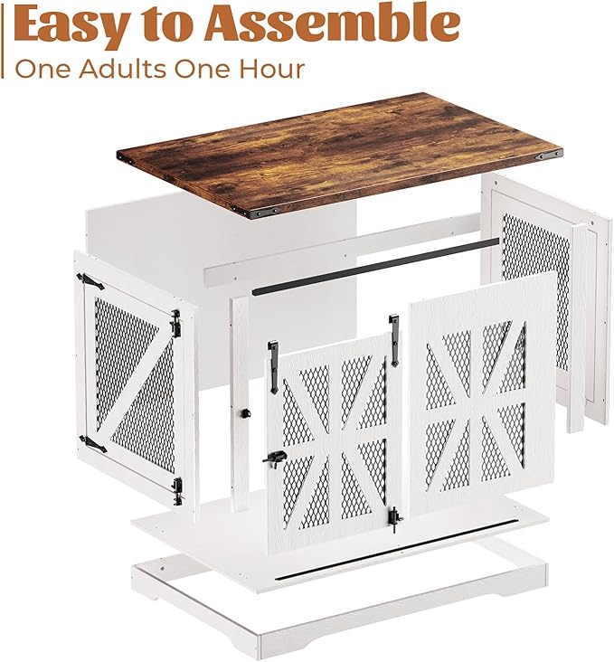 VOPEAK 40" Farmhouse Dog Crate Furniture, Heavy Duty Dog Crate for Medium Large Dogs, Wood Dog Cage Dog Kennel Indoor with Double Doors, Chew Resistant End Table for Bedroom Living Room, White