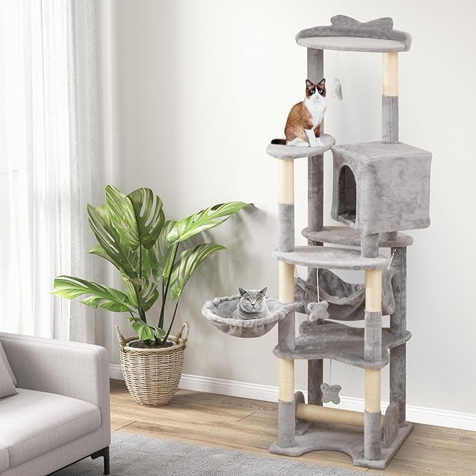 PETSITE 69 Inch Tall Cat Tree, Multi-Level Grey Cat Tower with Sisal Scratching Posts, Cat Condo, Basket Bed, Hammock, Basket Bed, and Hanging Toys, Modern Cat Tree Tower for Indoor Cats