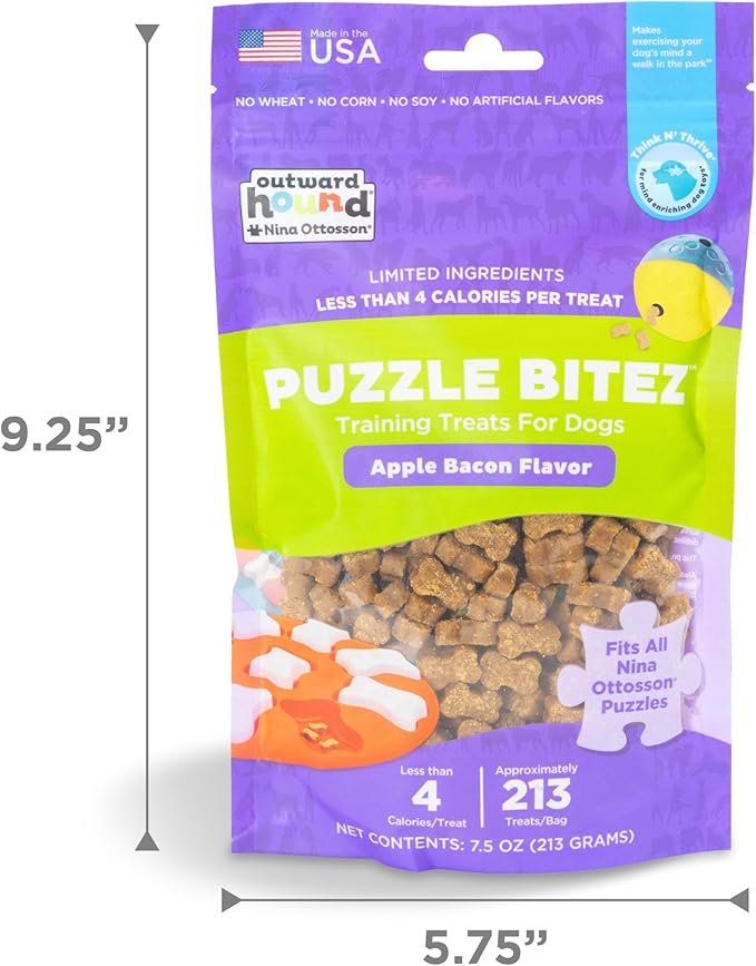 Outward Hound by Nina Ottosson Puzzle Bitez USA Made Dog Treats, Apple Bacon Flavor, Bite-Sized Training Reward and Interactive Puzzle Toy Treats, 7.5oz