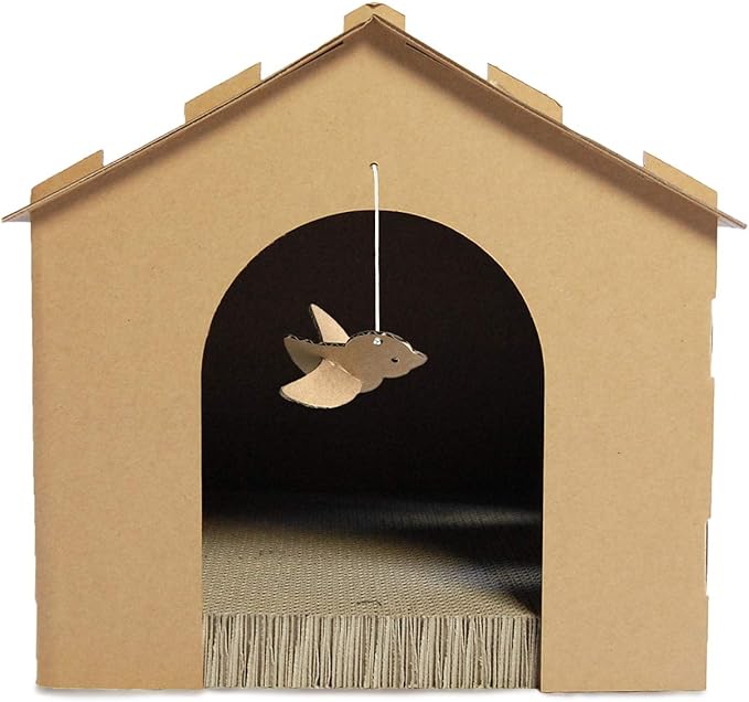 Furhaven Cardboard Cat House Gingerbread House, Cat Hideout Scratcher with Detachable Hanging Toys