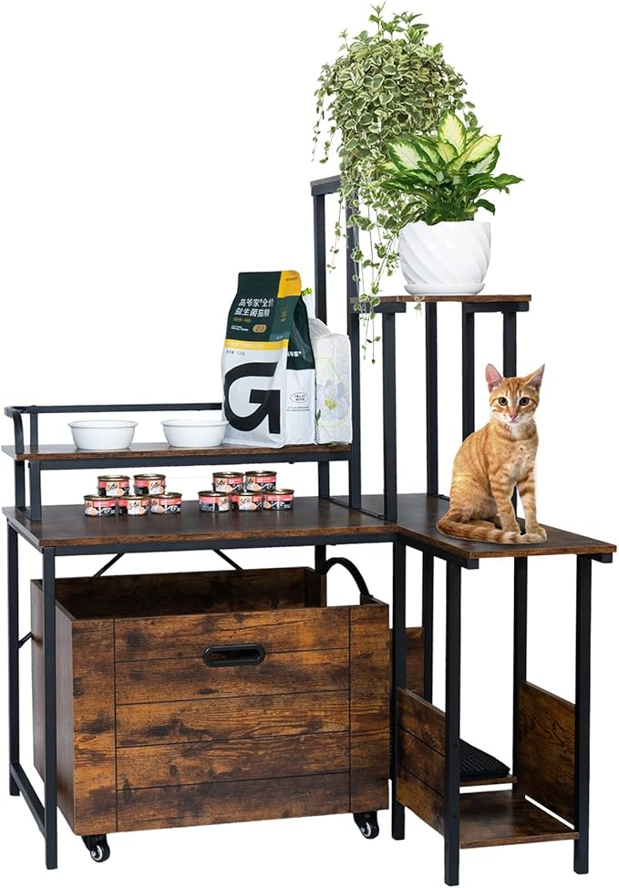 IDEALHOUSE 2024 New Hidden Litter Box Furniture - Cat Litter Box Enclosure Furniture with Flower Stand, Pullable Carring Tray, Coner Plant Stand, Corner Wooden Cat Washroom