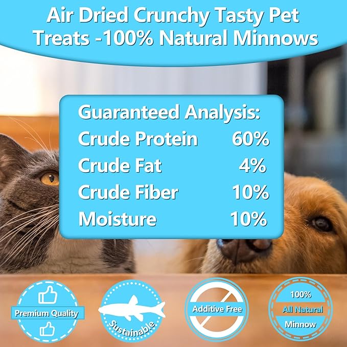 Minnows Dog Treats, Single Ingredient Dried Minnows for Dogs & Cats, Air Dried, Grain-Free, High-Protein, 100% Natural Premium Cat & Dog Treats 8 oz