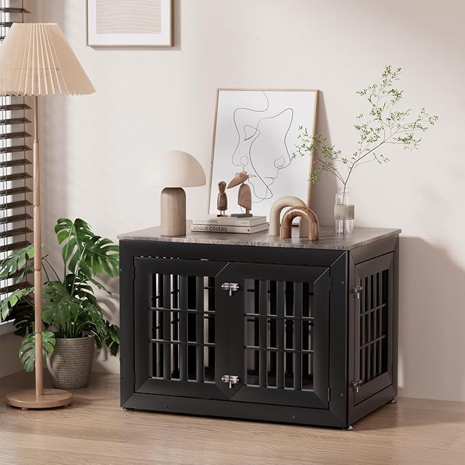 Snuowu 38" Heavy-Duty Dog Crate Furniture for Large/Medium Dogs, Rustic Wooden Dog Cage Kennel Indoor Furniture, Decorative Pet House End Table, Black & Grey