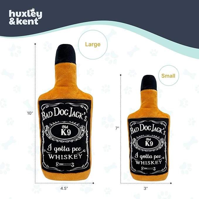 Huxley & Kent Funny Dog Toys w/Squeaker & Crinkle - Stimulating & Interactive Chew Toy for Dogs - Mesh Lined Stuffed Doggie Toy-Easy to Clean Doggie Toys for All Breeds (Bad Dog Jack's Whiskey,Large)