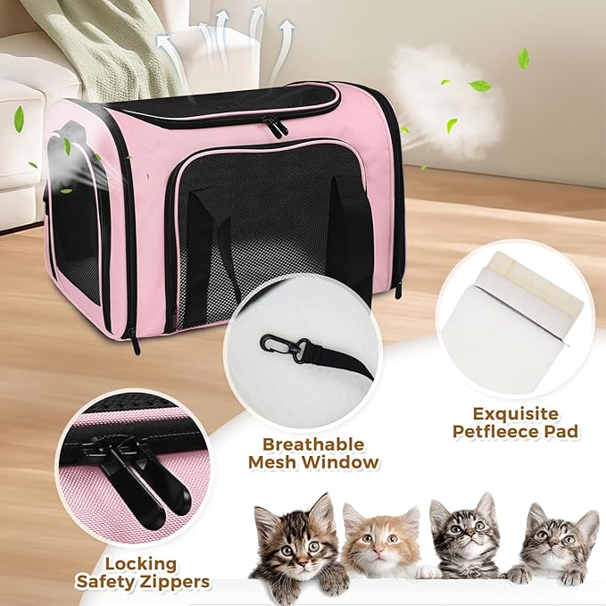 Soft Sided Pet Carrier - TSA Approved Collapsible Waterproof Travel Carrier for Small/Medium Cats Dogs Puppies (Up to 15lbs) - Pink