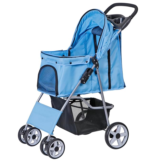 4 Wheels Foldable Pet Dog Cat Jogger Stroller Travel Carrier Strolling Cart w/Waterproof Cover Storage Basket Cup Holder & Removable Liner for Medium Small Cat Dog, Blue