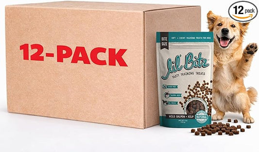 Lil' Bitz Soft & Chewy Training Treats for Dogs, Bite Size Reward Treats for Training & Positive Reinforcement, Grain Free Dog Treats Made with Wild Salmon & Kelp, All Breeds, 12 Pack (4 oz Each)