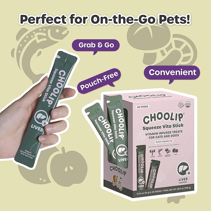 Choolip Squeeze Vita Stick Lickable Cat and Dog Treats, 49-Count Liver Support Variety Pack, Salmon and Lobster with Milk Thistle, CoQ10 and Vitamin E