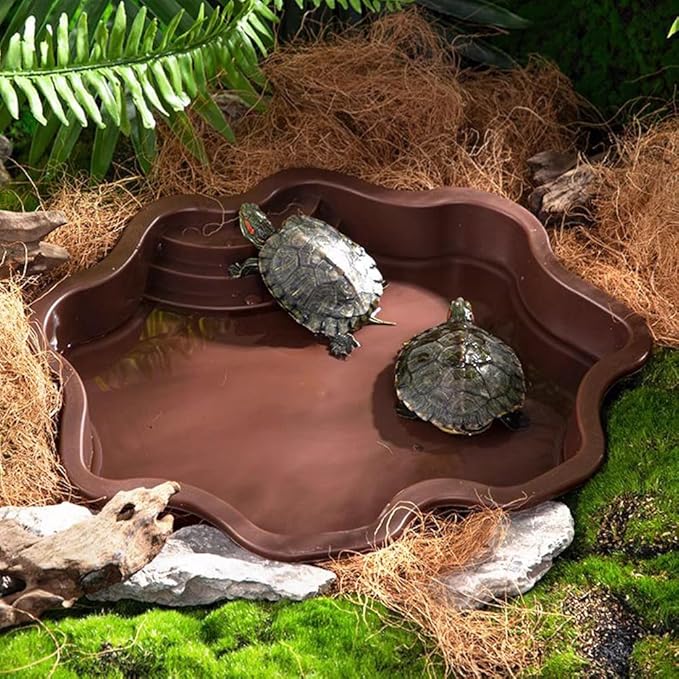 Turtle Bathing Pool, Reptile Feeding Dish Water Pot, Landscape Fish Tank Decoration, Lizard Turtle Bathing Pot for Aquatic Climbing Pet - Reddish Brown