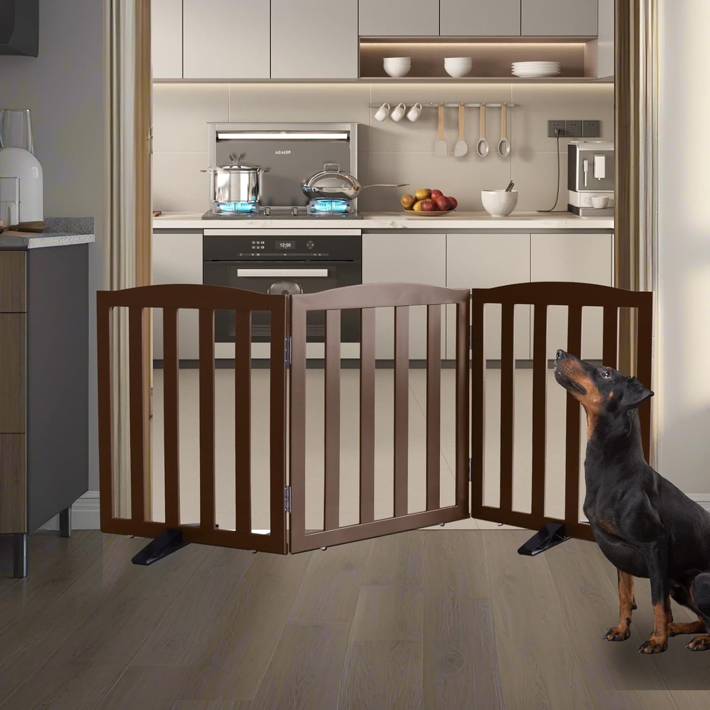 ZJSF Foldable Freestanding Indoor Dog Gate for House Wood Long Pet Gates Dog Fence for Stairs Puppy Gates for Hallways, Puppy Gate,Support Feet Included, Brown, 24 "Height-3 Panels