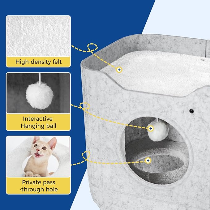 ABCPET Cat House for Indoor Cats, Cat Condo Cat Bed Cave, Felt Cats Hideaway Condo with Resistant Scratching Freedom Kitten Cube & Hanging Ball, Light Gray