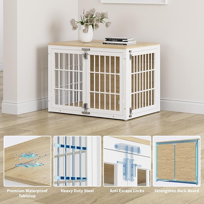 41" Heavy Duty Dog Crate Furniture, Wooden Dog Cage Kennel for Lrage and Extra Large Dogs, Dog Kennel Indoor with Side Door, Decorative Pet House End Table, White and Natural