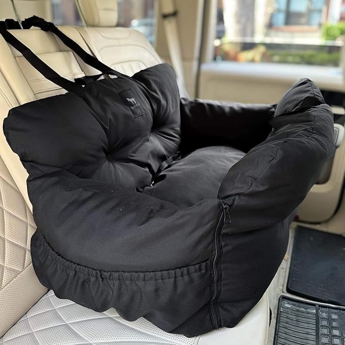 JACKO & CO Premium Dog Car Seat – Safe & Cozy Travel Bed Carrier for Small Dogs, Puppies, Pets, Clip-On Leash, Storage Pockets, Water-Resistant, Machine Wash (Black, Standard Medium (25-40 lbs))