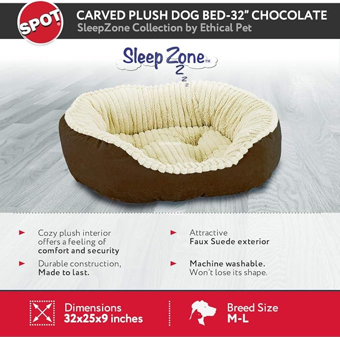 SPOT Sleep Zone Faux Suede Carved Plush Lounger, Cuddler, Napper Dog Bed - Fabric Bottom - 32X25 Inches/Chocolate/Attractive, Durable, Comfortable, Washable