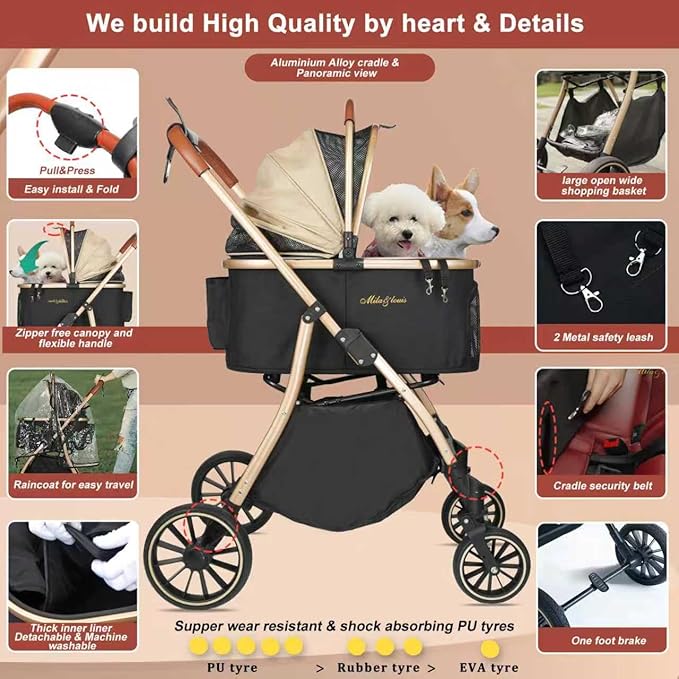 MILA&LOUIS Dog Stroller, 24" Pet Cradle, Large PU Wear-Resistant Wheels, Cat Stroller for Small & Medium 55 lbs, Lightweight Pet Stroller, Detachable Aluminum Cradle, Cup Holder, Hook & Rain Cover
