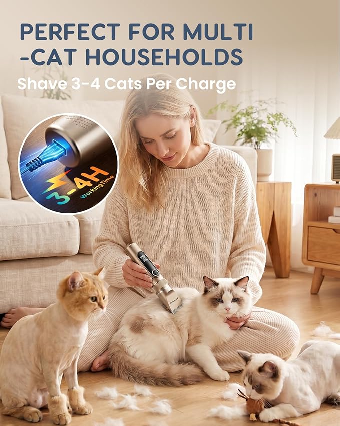Cat Clippers for Matted Long Hair, Quiet Cat Grooming Kit 2-Speed Cordless Rechargeable Shaver Hair Trimmer, Pet Clippers for Small & Large Dogs & Animals (Gold)
