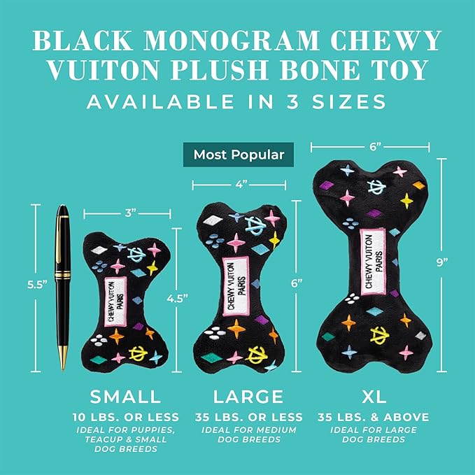 Haute Diggity Dog Chewy Vuiton Bone Plush Squeaky Dog Toy, Soft Durable Designer-Inspired Stuffed Puppy Chew Toys for Small & Medium Dogs, Machine-Washable (Black Monogram) Large