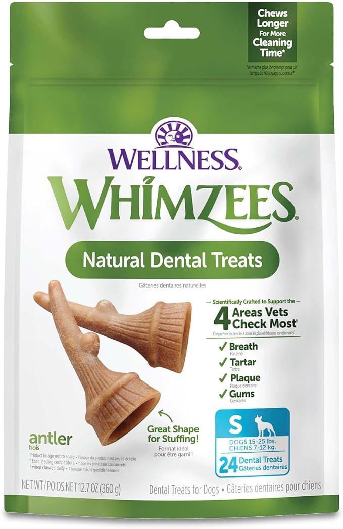 Wellness WHIMZEES Antler Occupy Dog Dental Treat, Chews, Freshens Breath, Small Size, 12.7 oz Bag, 24 Count