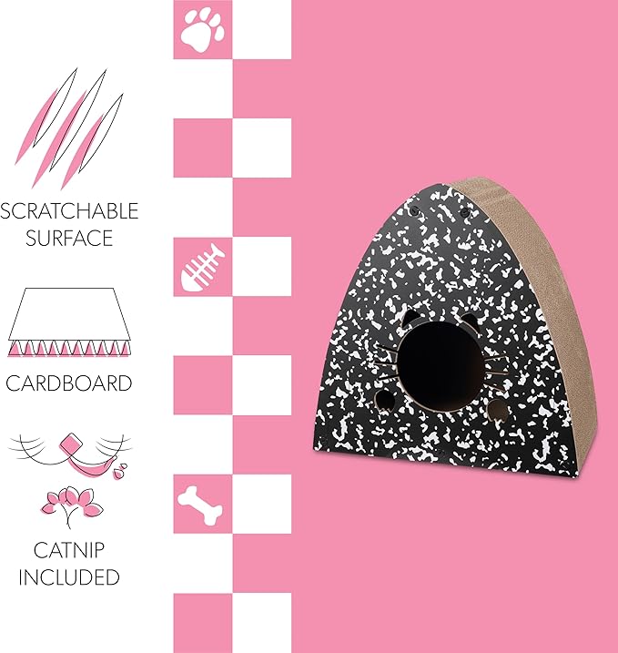 CSR1006B Koko 19" Modern Cardboard Triangle Cat Cave Scratcher with Catnip, 2-in-1 Corrugated Cat House Hideaway & Scratching Board for Cats, Durable Furniture Protector, Space-Saving